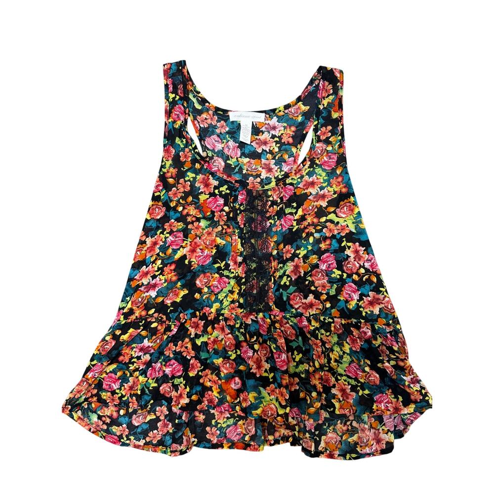 Ambiance Apparel Floral Lace Inset Sleeveless Ruffle Hem Top